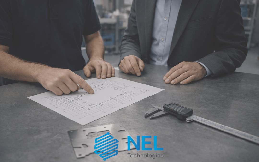 An engineer and a procurement manager standing at a plain metal workbench, reviewing a single technical drawing laid flat on the surface