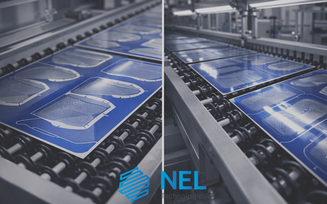 Chemical etching process showing photoresist-masked metal sheets on conveyor system at NEL Technologies