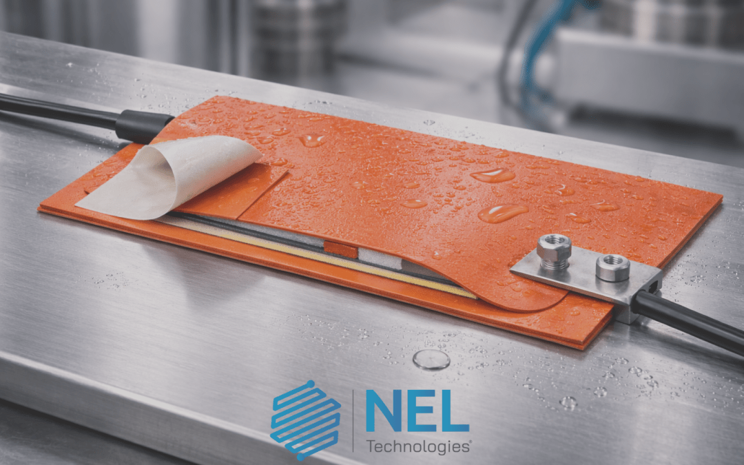 A silicone rubber heater fitted onto an industrial metal surface (flat plate or gentle curve)