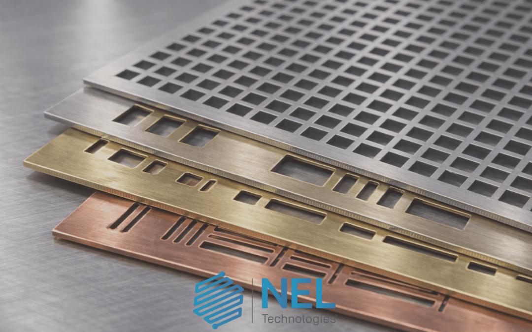 A stainless steel etched mesh panel should be partially layered over the brass and copper sheets.